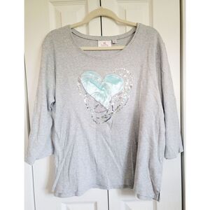 Quacker Factory XL‎ Sequin 3/4 Sleeve Shirt Gray Round Neck Satin Heart Stretch